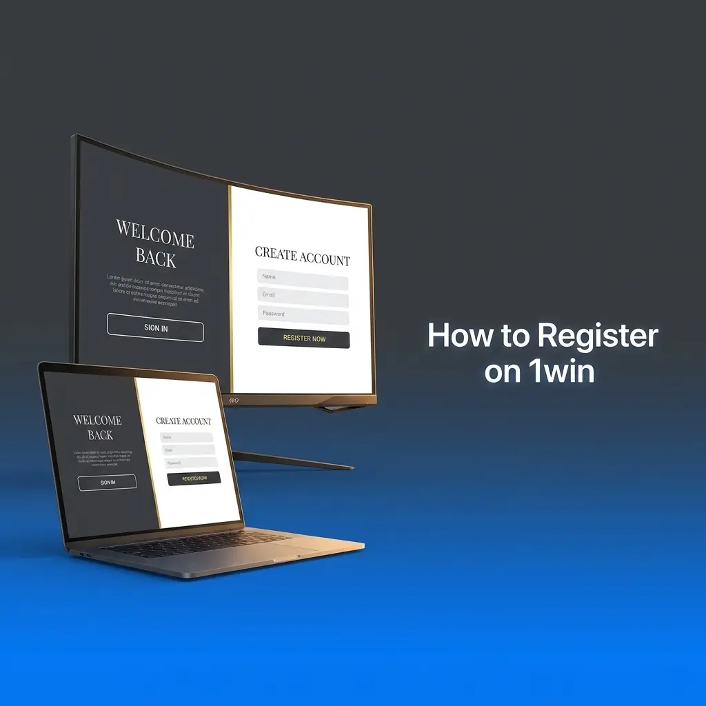1win registration steps showing sign-up form with mobile, email, social media options and INR currency selection in India